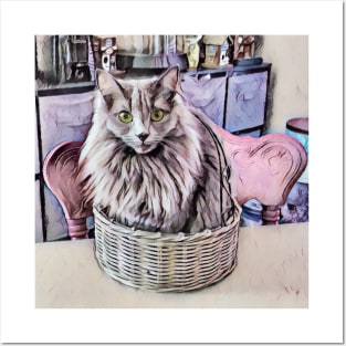 Grey Green Eyed Cat In Basket Posters and Art